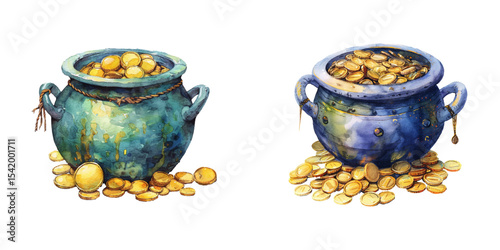 cauldron with gold coins watercolor vector illustration