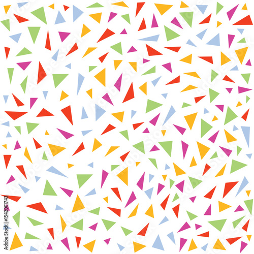 Colorful abstract triangle pattern scattered across a white background.