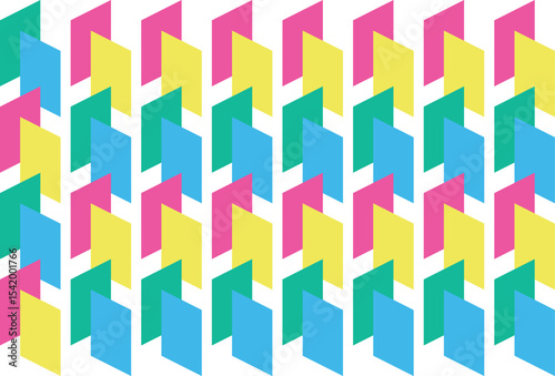 Seamless geometric pattern featuring colorful overlapping chevron shapes in pink, yellow, green, and blue on a white background