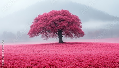 Pink blossom tree stands on field. Perfect for springtime, fantasy, or romantic designs.