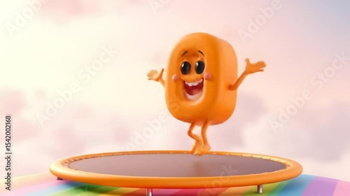 Animated Orange Character Bouncing Cheerfully on a Trampoline Against Soft Pastel Sky
