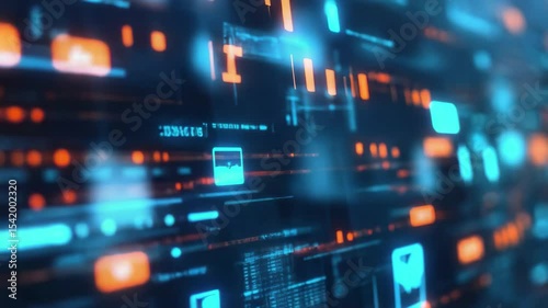Abstract digital display with blue and orange glowing data and geometric shapes overlaying dark background