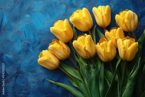 Yellow tulips bouquet on textured blue background, top view arrangement. Perfect for springtime greetings, cards, invitations, and social media posts.