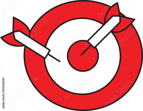 Flat Vector Illustration of Red Target with Arrows Hitting the Center Symbolizing Accuracy, Goal Achievement, and Business Success Strategy