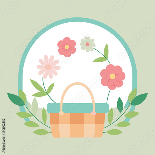 Floral picnic basket with pink and red flowers in a decorative circular frame