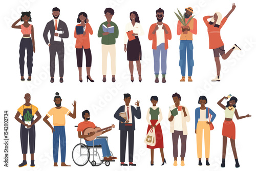 Black people of different professions set vector illustration. Cartoon man woman characters standing, professional corporate business team, businessman and businesswoman, student isolated on white