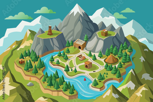 top down map view of a mountainous vector illustration