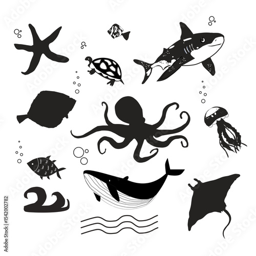 set of sea animals, silhouette of marine  creatures ,Hand drawn black shark,fish,jellyfish,whale turtle octopus manta isolated on transparent background,cute nautical vector illustration for baby room