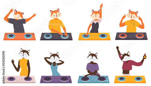 Animal crazy fox dj set vector illustration. Cartoon funny dj playing on music fun party discotheque in nightclub, hipster fox character standing at turntable, drinking beer isolated on white