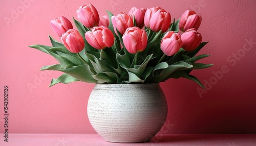 Pink tulips bloom in a white, textured vase against a pink wall. Perfect for Mother's Day, spring cards, or floral shop promotions.