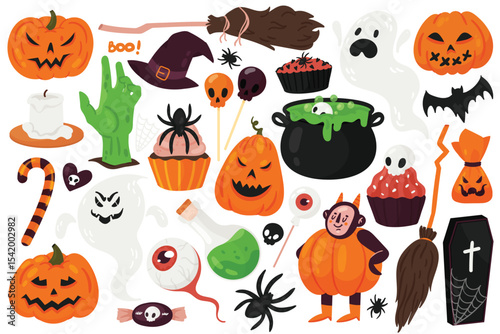 Halloween scary set vector illustration. Cartoon spooky Halloween characters collection with pumpkin jack o lantern, black spider, horror ghost, witch broom and creepy zombie hand isolated on white