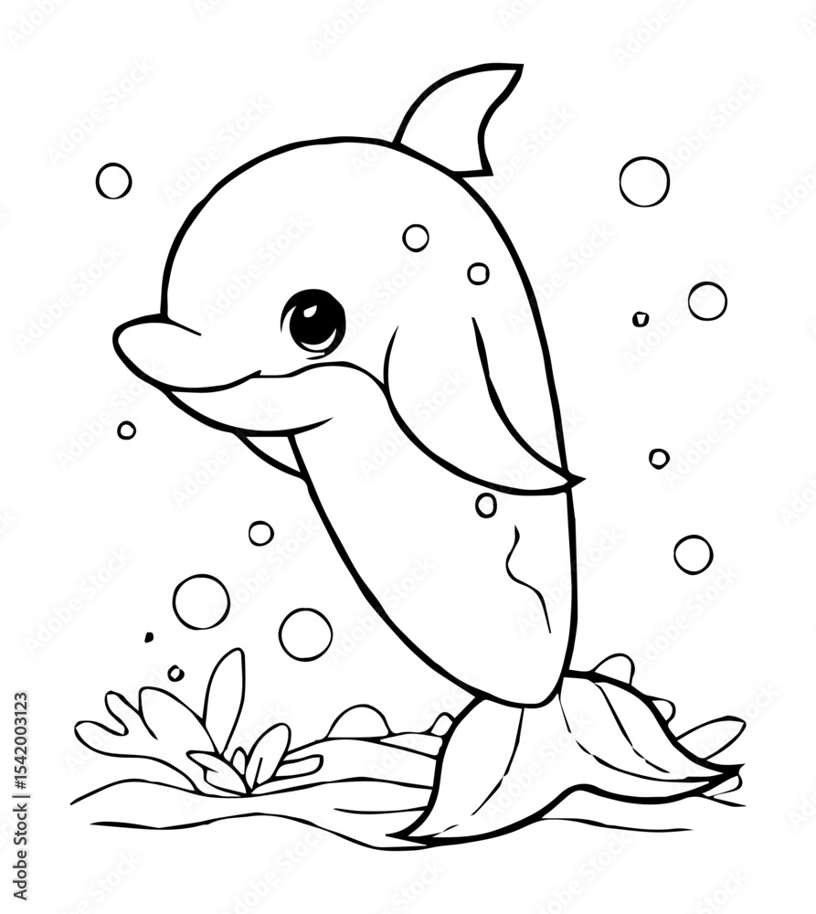 Fototapeta premium A dolphin leaping from water surrounded by bubbles in a black and white illustration