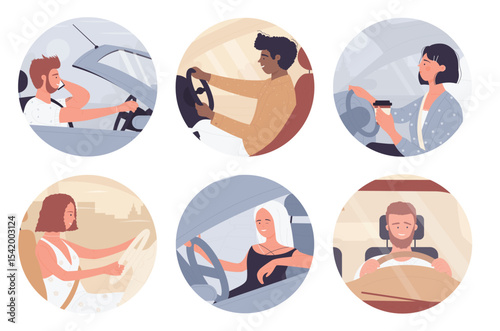 Driver people holding steering wheel of car and driving, round avatar set vector illustration. Cartoon young man woman characters inside car, side and front view through windshield isolated on white