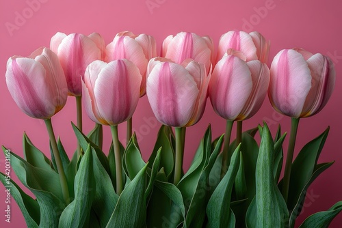 Beautiful bouquet of pink and white tulips isolated against a pink backdrop. Use for Mother's Day, springtime, or for expressing love and affection.