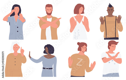 People with stop hand gestures set vector illustration. Cartoon young and old man woman characters reject, cross arms, showing boycott gesture. Negative communication concept isolated on white
