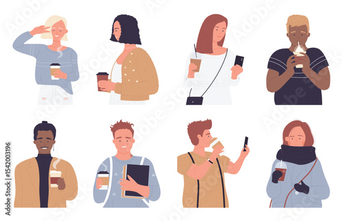 People drink takeaway coffee set vector illustration. Cartoon man woman characters wearing warm winter or summer clothes, holding paper cup of coffee drink from street cafe in hand isolated on white
