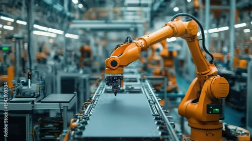 Orange robotic arm working on an assembly line in a modern industrial manufacturing factory setting