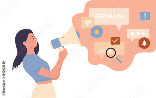 Social media influencer with megaphone vector illustration. Cartoon young woman holding loudspeaker to influence audience community. Concept of influencer marketing and social media advertising