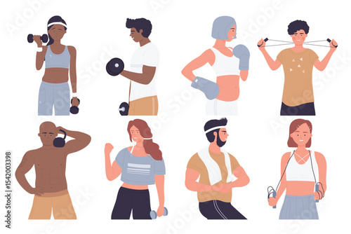 Healthy sport exercises of athlete people isolated set vector illustration. Cartoon adult woman man characters training with dumbbells kettlebell for body health, happy kid holding tennis racket