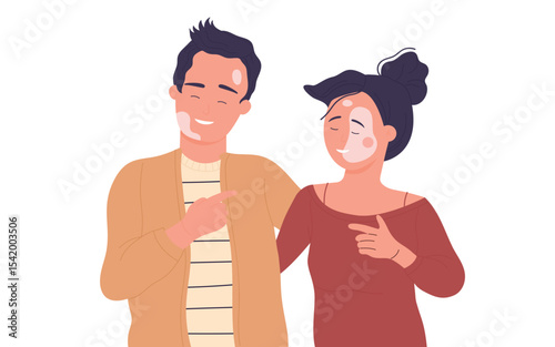 People with vitiligo vector illustration. Cartoon portraits of positive man woman characters standing together. Body positive, self love and depigmentation disease, world vitiligo day concept