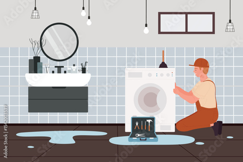 Plumber fixing broken washing machine with water leak in modern bathroom, tools and equipment on floor, home appliance maintenance and repair concept vector illustration