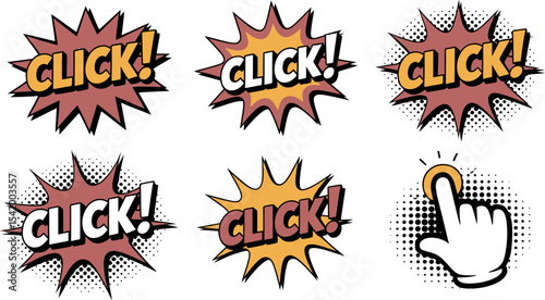 Click button vector illustration set comic style hand cursor clicking design element for web desig editable stock vector illustration