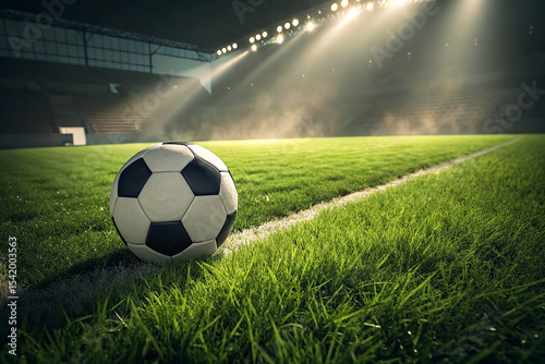 A classic black-and-white soccer ball rests on the grass, its distinct hexagonal and pentagonal pattern easily recognizable.
