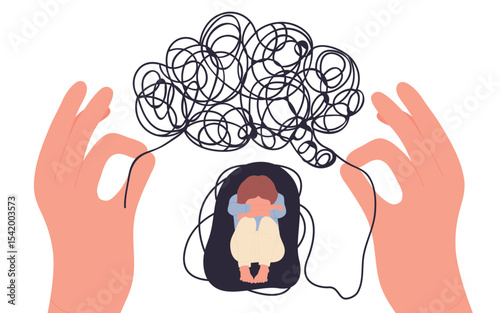 Hands of counselor work with mental problems of woman vector illustration. Cartoon young depressed female character sitting with tangled thoughts, brain knot. Mental health, counseling therapy concept