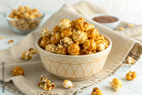 A close-up image of a bowl filled with caramel popcorn, showcasing golden-brown kernels coated in rich, glossy caramel.