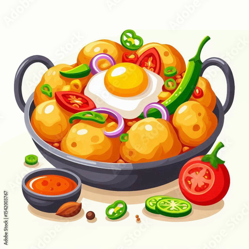 A dish of egg and potato curry with tomato chilies and onion toppings served in a black pan with handles