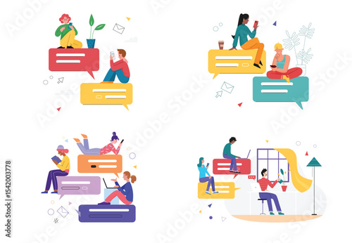 Chat messages in social media set vector illustration. Cartoon tiny woman man characters chatting with text in bubbles, using internet chat app messager for dialog conversation isolated on white