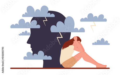 Sad upset young woman sitting under rain clouds of anxiety emotion vector illustration. Cartoon lonely girl thinking about troubles. Mental health, frustration, melancholy concept isolated on white