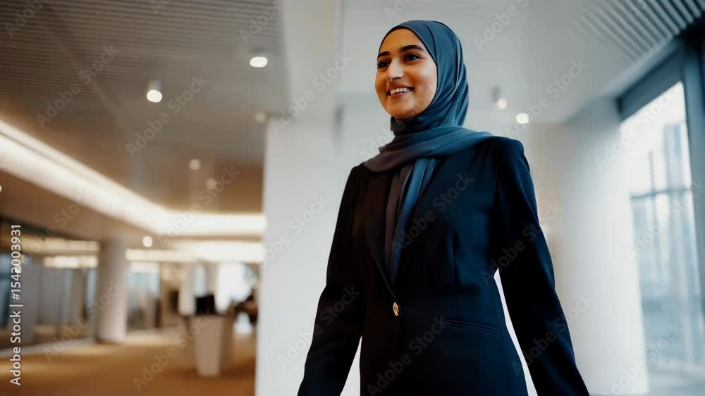 Confident businesswoman walking through modern office corridor in stylish attire Confident businesswoman walking through modern office corridor in stylish attire
