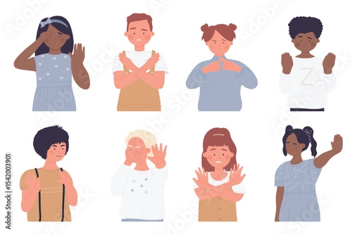 Kids stop poses and gestures isolated vector illustration set. Cartoon angry upset child character saying stop, posing with crossing arms over chest, children showing negative expressions collection