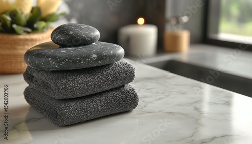 Stack of towels and smooth stones on a marble countertop in a bathroom setting. Ideal for spa, wellness, relaxation, and self-care themed marketing materials.