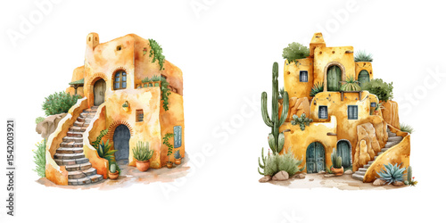 cave house tunisia watercolor vector illustration