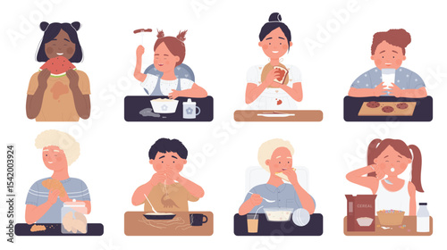 Kids eat food isolated vector illustration set. Cartoon children sitting at home kitchen table, child boy and girl eating with fork or spoon delicious food for breakfast, dinner or lunch background