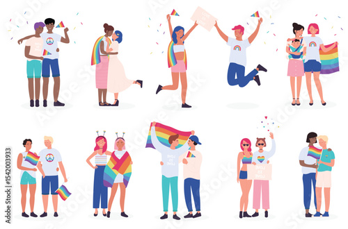 Lgbt couple people, happy family set vector illustration. Cartoon diverse group of homosexual characters standing with rainbow flag, gay, transgender and lesbian community on parade isolated on white