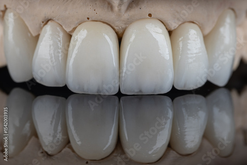 Dental health care. Ceramic zirconium in final version. Close up dental zircon ceramic crowns on black background