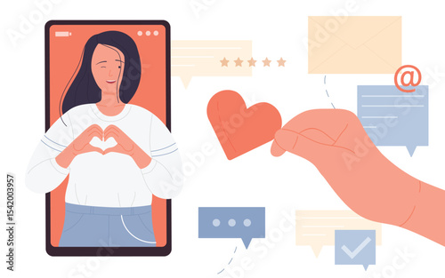 People like post content in social media vector illustration. Cartoon girl blogger character making heart gesture, followers hand holding heart. Effective blog strategy, brand campaign concept