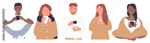 People drinking hot drinks set vector illustration. Cartoon girl in warm clothes, warming under blanket, adult man holding cup with hot tea or coffee and cookies. Break time concept isolated on white
