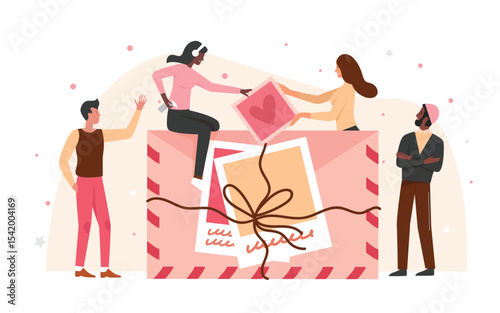 People put greeting card, letter in paper envelope vector illustration. Cartoon tiny man woman characters holding romantic love letter with red heart, wedding, Valentines day concept isolated on white