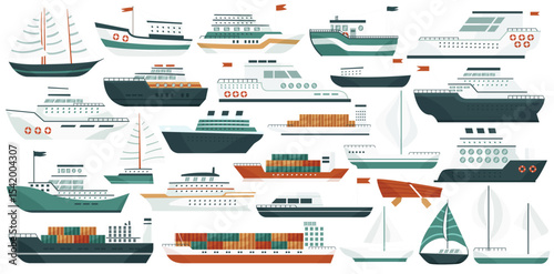 Ships and boats set vector illustration. Cartoon modern marine transport collection, cruise passenger and military ship, fishing sailboat and yacht, cargo freight carrier with containers and flag