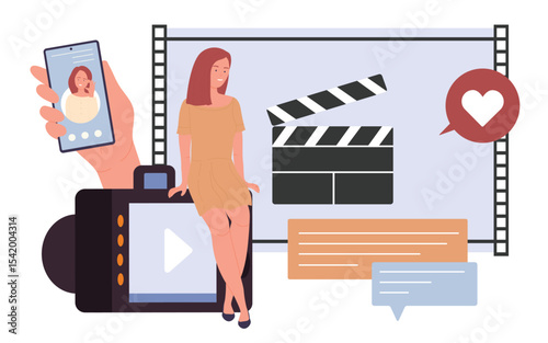 Video blog content production vector illustration. Cartoon tiny blogger girl character with camera recording video news or movie to publish in social media, learning to record viral visual content