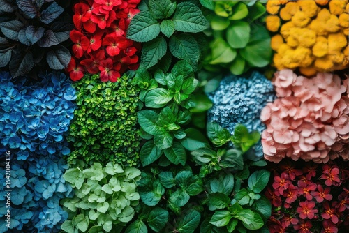 Overhead shot of colorful flowers and leaves arranged in square pattern. Use for natural backgrounds, pattern designs, or creative presentations.