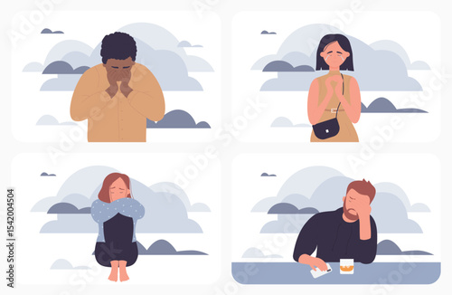 Sad lonely person sitting with rain clouds and fog of depression set vector illustration. Cartoon young man woman characters feel sorrow, depressed girl crying. Psychotherapy, mental health concept