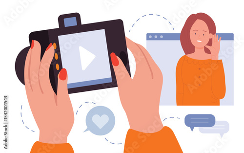 Video blogging vector illustration. Cartoon female hands holding camera to shoot digital content for channel in social media, blogger influencer woman character waving to blog audience on screen