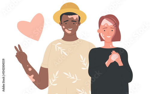People with vitiligo vector illustration. Cartoon portraits of positive man woman characters standing together. Body positive, self love and depigmentation disease, world vitiligo day concept