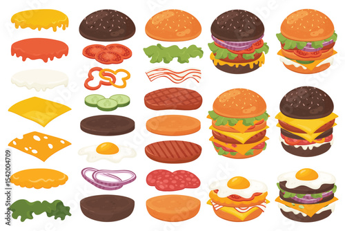 Burger or sandwich ingredients set vector illustration. Cartoon restaurant food menu with tasty beef cutlet and chorizo bacon, slices of cheddar cheese, veggie and in sauces in bun isolated on white