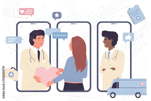 Doctor cardiologist and patient holding heart vector illustration. Cartoon people on medical checkup for cardiac diseases on screens of mobile phones, therapy and diagnostics. Cardiology concept